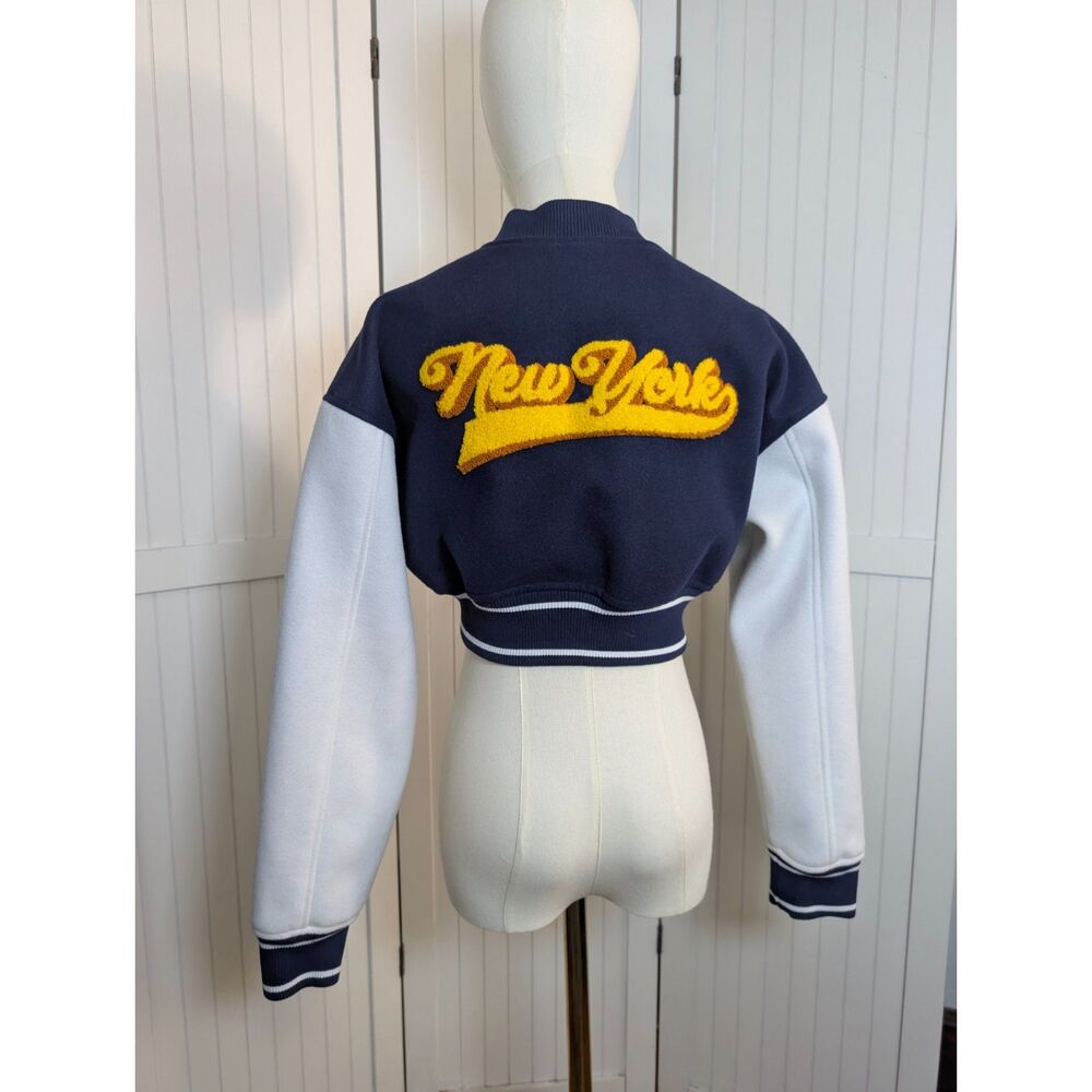 Forever 21 Cropped Varsity Jacket Brooklyn 28 Navy White Wool Blend Small